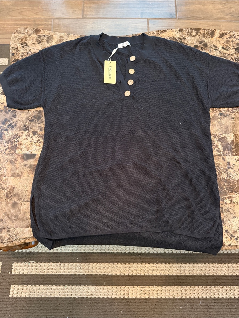 Ladies' Black Textured Short-Sleeve Polo with Contrast Buttons